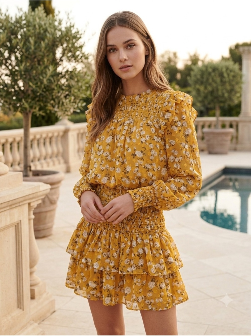 Endless Rose Yellow Floral Smocked Tiered Mini Dress